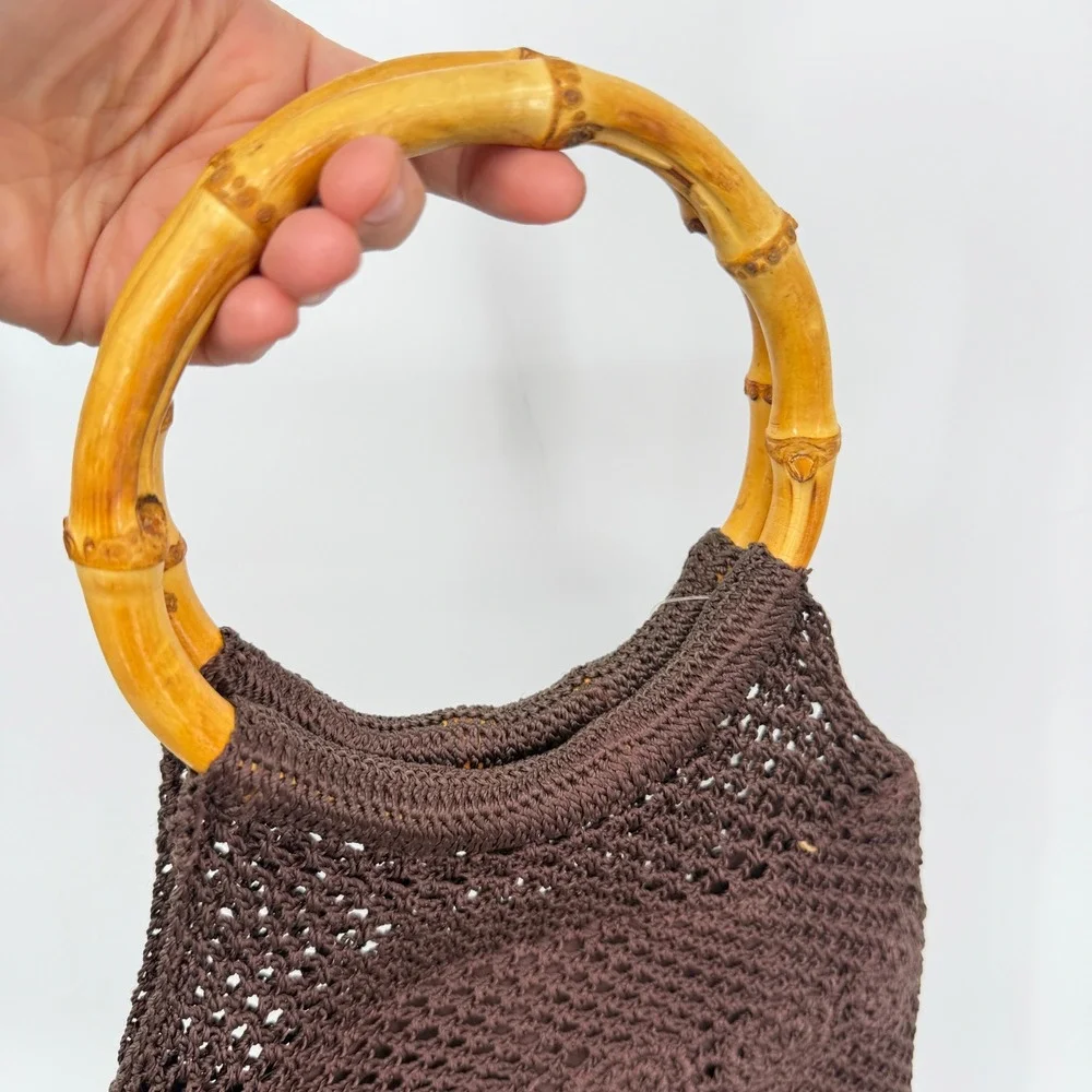 Kmart VTG NEW Crochet Handbag Bamboo Handle Brown Floral Boho Beachy Artisan